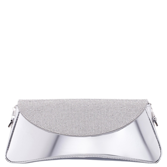 Nina Handbags - Nina Crystal Flap Mirror Metallic Patent Clutch Bag - Silver